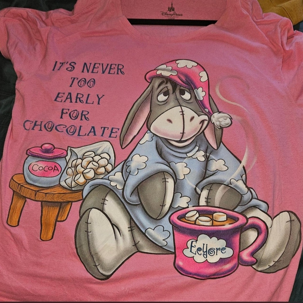 VTG Disney World Parks Eeyore It's Never Too Early For Chocolate Pink Shirt OSFM